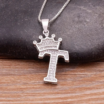 Fashion Luxury A-Z Crown Alphabet Pendant Chain Necklace Punk Style Lucky Initial Name Jewelry Best Party Wedding Birthday Gift