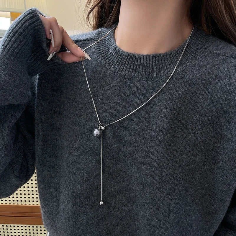 Long Adjustable Gray Pearl Pendant Sweater Chain Necklace for Women's Fashion Luxury Neckchain Jewelry