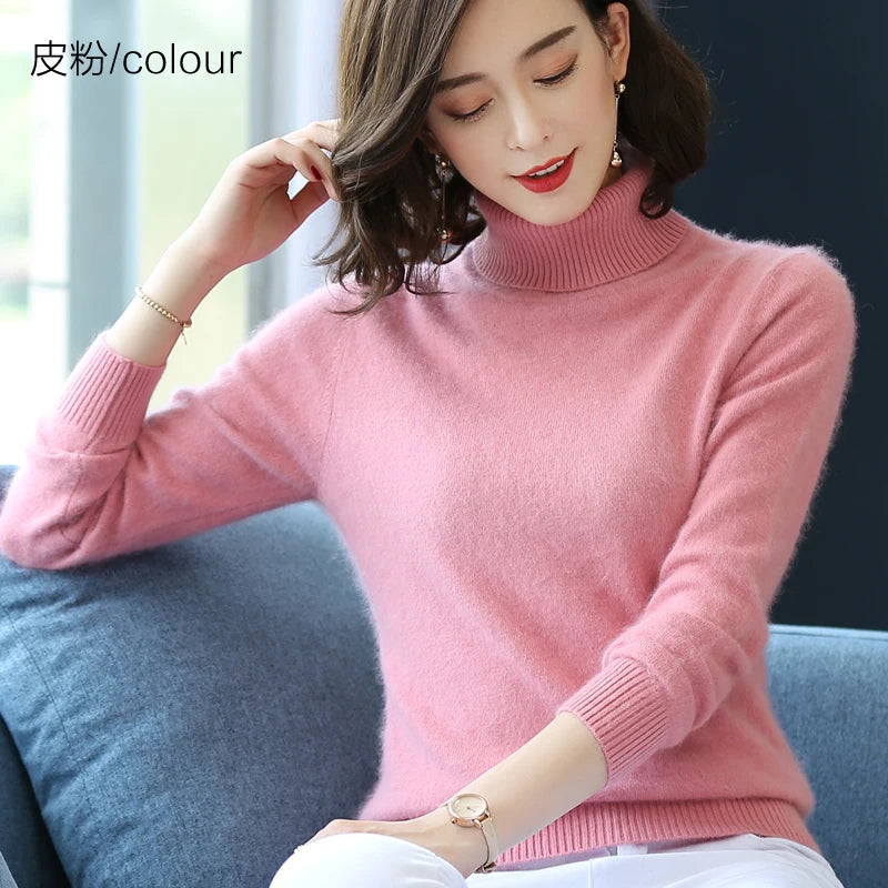 Autumn Winter 100% Mink Cashmere Sweater Women Knitwear Pullover Thick Warm Solid Color Plus Size Base  High Lapel Clothing Tops