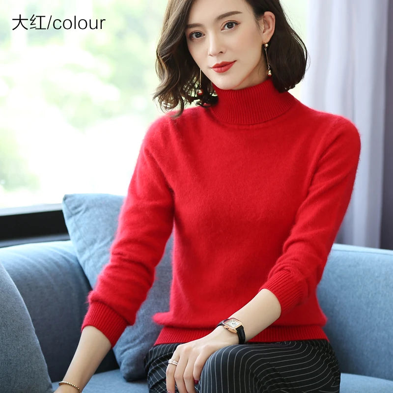 Autumn Winter 100% Mink Cashmere Sweater Women Knitwear Pullover Thick Warm Solid Color Plus Size Base  High Lapel Clothing Tops