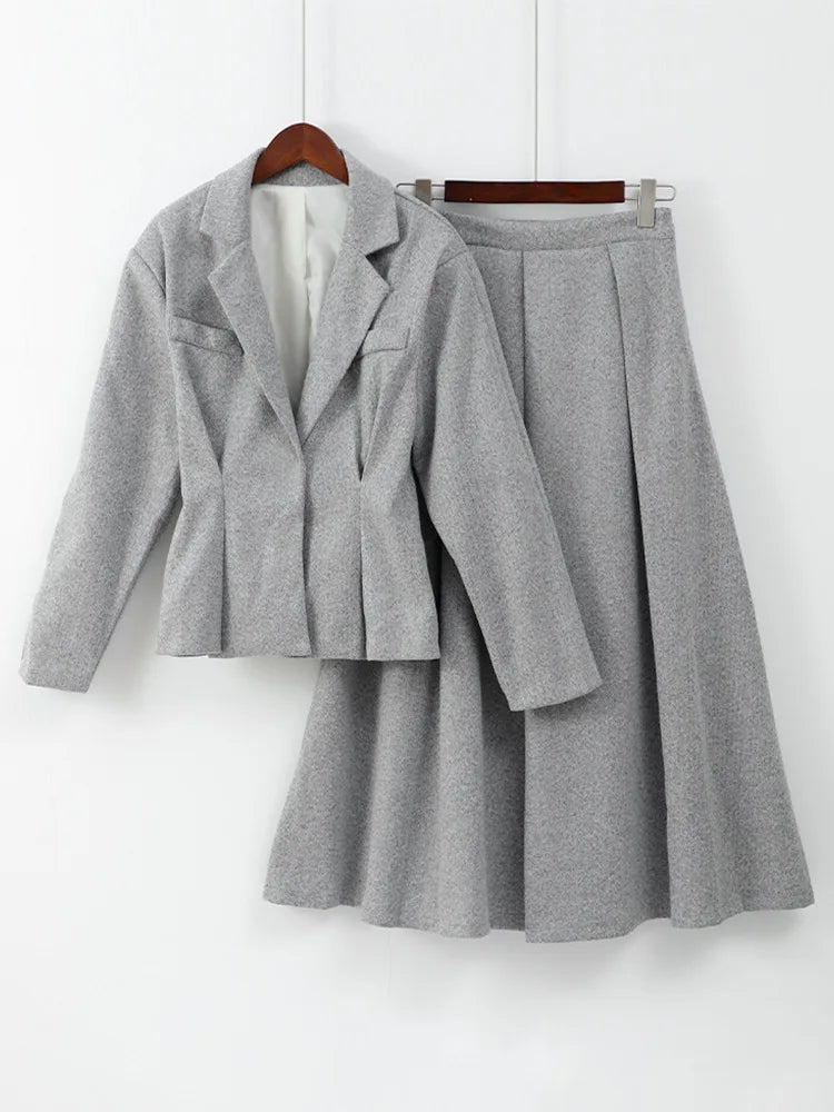 Autumn Winter Lady Office Two-piece Set Woolen Coat Skirt Set Women Lapel Hidden Buckle Blazers+High Waist Pleated Skirt Outfits