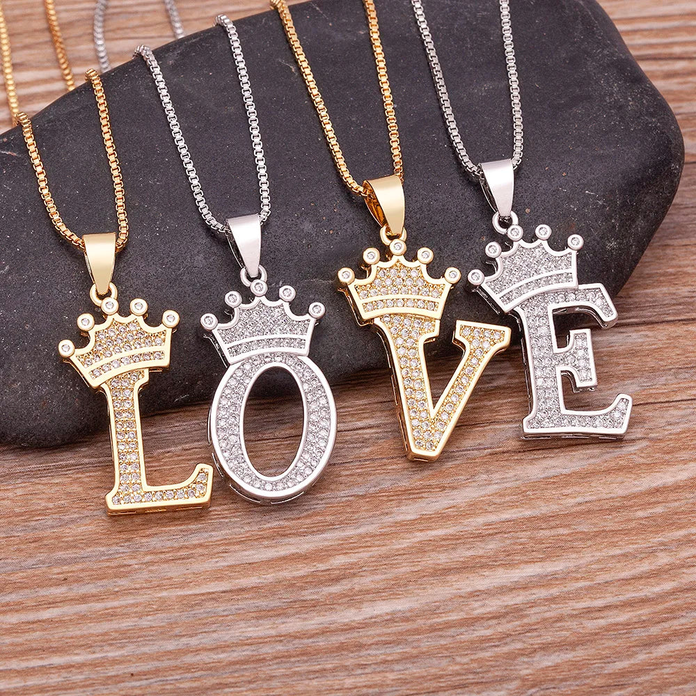 Fashion Luxury A-Z Crown Alphabet Pendant Chain Necklace Punk Style Lucky Initial Name Jewelry Best Party Wedding Birthday Gift