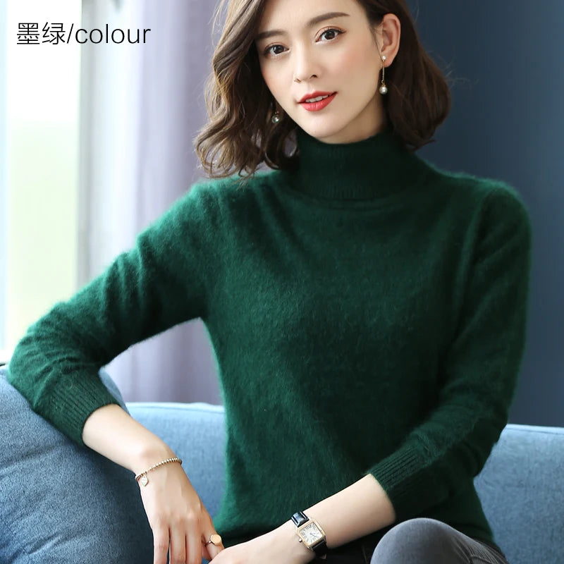 Autumn Winter 100% Mink Cashmere Sweater Women Knitwear Pullover Thick Warm Solid Color Plus Size Base  High Lapel Clothing Tops