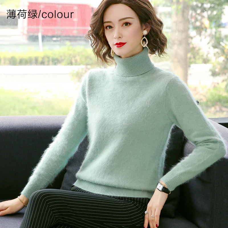 Autumn Winter 100% Mink Cashmere Sweater Women Knitwear Pullover Thick Warm Solid Color Plus Size Base  High Lapel Clothing Tops