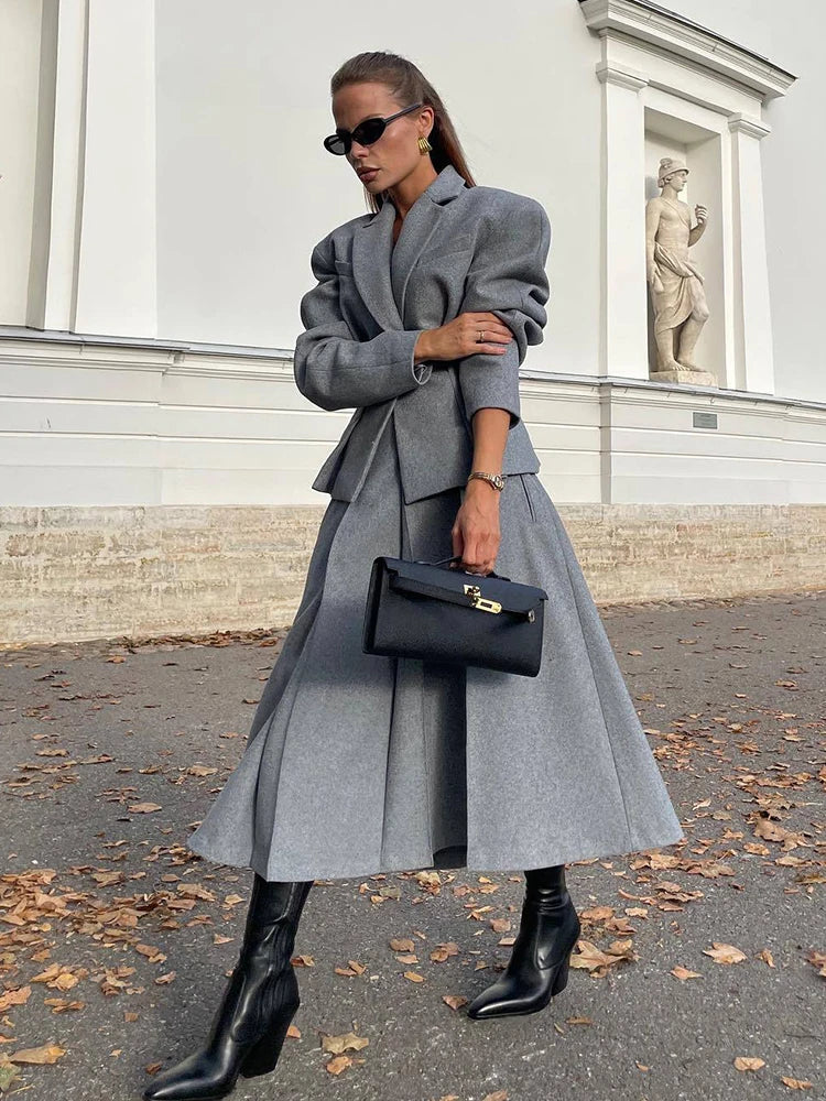 Autumn Winter Lady Office Two-piece Set Woolen Coat Skirt Set Women Lapel Hidden Buckle Blazers+High Waist Pleated Skirt Outfits