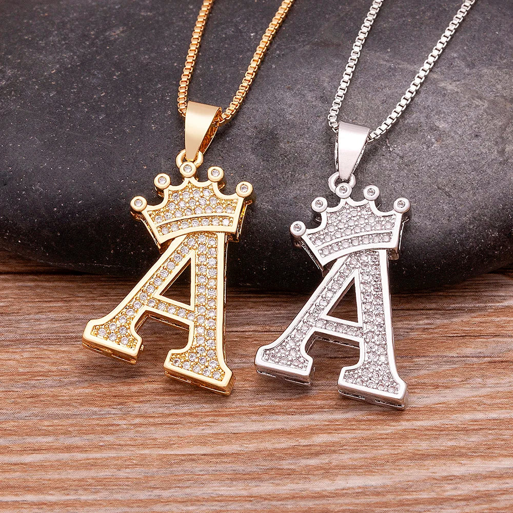 Fashion Luxury A-Z Crown Alphabet Pendant Chain Necklace Punk Style Lucky Initial Name Jewelry Best Party Wedding Birthday Gift