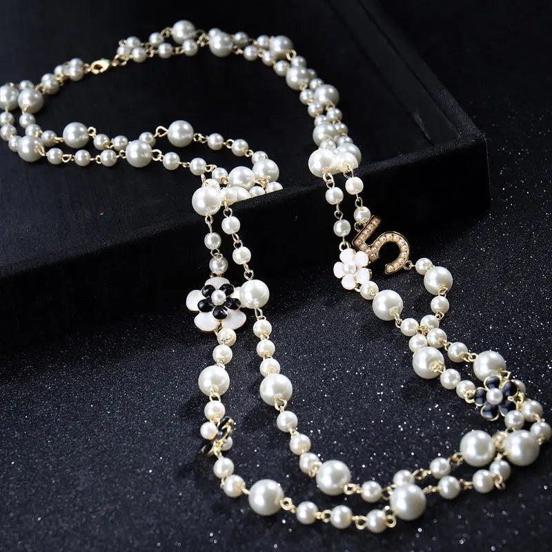 Luxury Brand Pearl Number 5 Necklaces For Woman Flower Long two Layer Woman Necklace