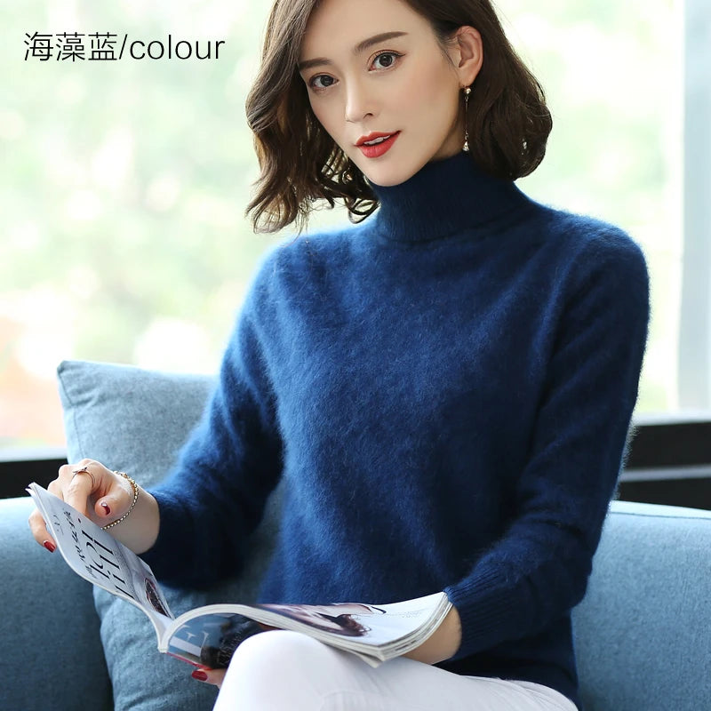 Autumn Winter 100% Mink Cashmere Sweater Women Knitwear Pullover Thick Warm Solid Color Plus Size Base  High Lapel Clothing Tops