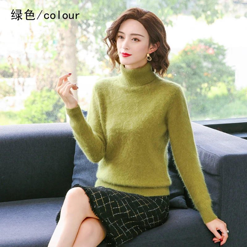 Autumn Winter 100% Mink Cashmere Sweater Women Knitwear Pullover Thick Warm Solid Color Plus Size Base  High Lapel Clothing Tops