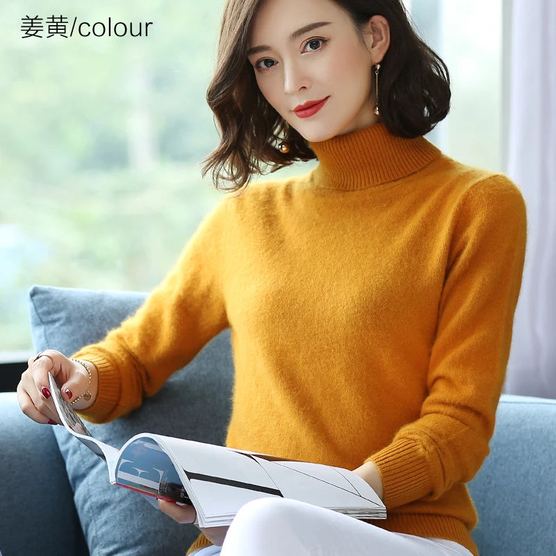 Autumn Winter 100% Mink Cashmere Sweater Women Knitwear Pullover Thick Warm Solid Color Plus Size Base  High Lapel Clothing Tops