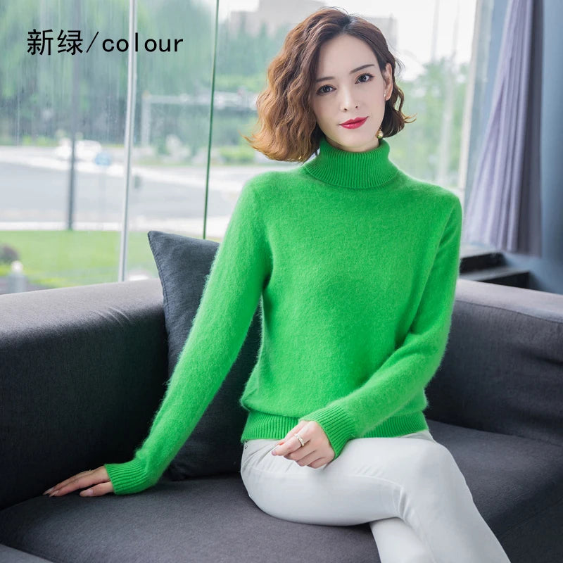 Autumn Winter 100% Mink Cashmere Sweater Women Knitwear Pullover Thick Warm Solid Color Plus Size Base  High Lapel Clothing Tops