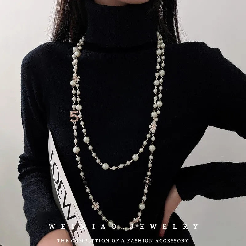 Luxury Brand Pearl Number 5 Necklaces For Woman Flower Long two Layer Woman Necklace