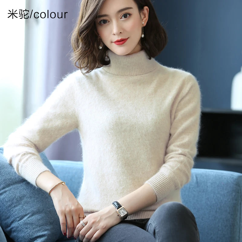 Autumn Winter 100% Mink Cashmere Sweater Women Knitwear Pullover Thick Warm Solid Color Plus Size Base  High Lapel Clothing Tops