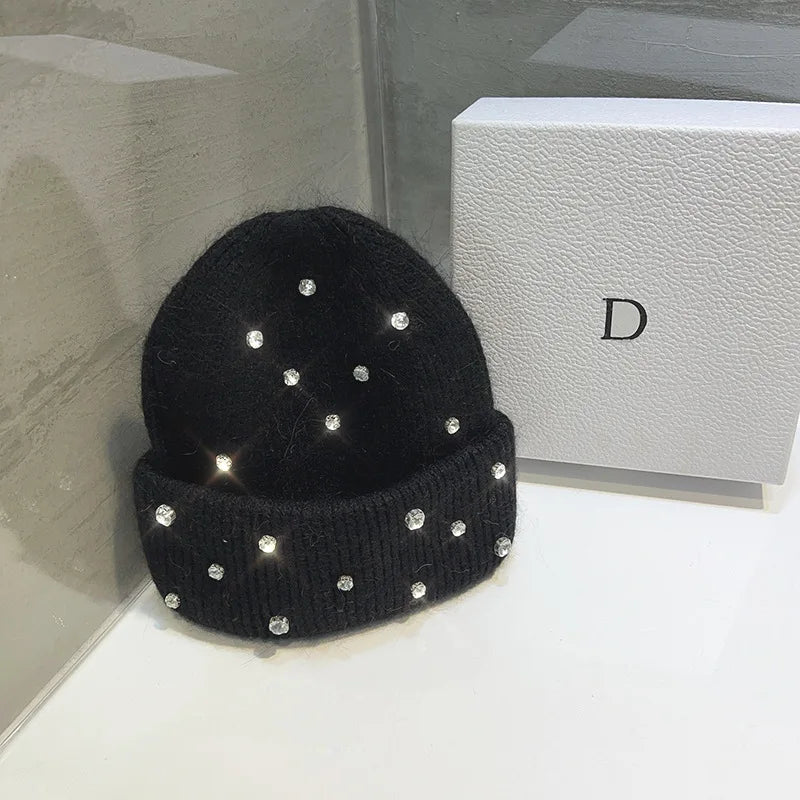 Luxury Rhinestone Beads Knitted Hat Korean Women Rabbit Fur Wool Skullies Cap Winter Fashion Thickened Warm Bonnet Beaanies