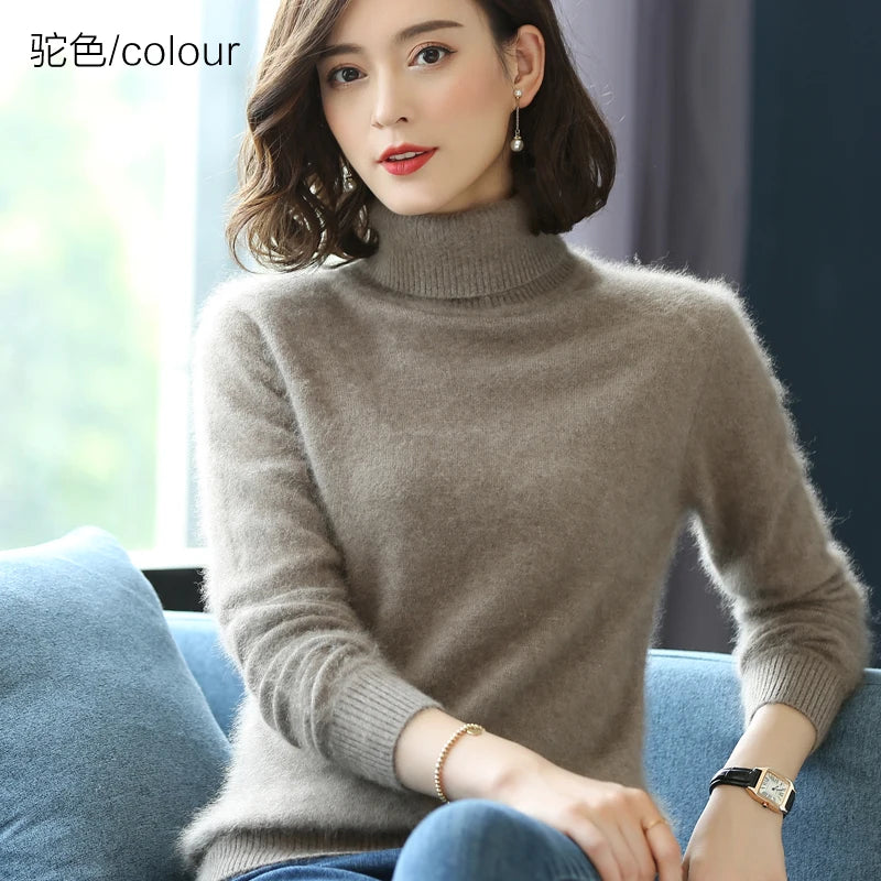 Autumn Winter 100% Mink Cashmere Sweater Women Knitwear Pullover Thick Warm Solid Color Plus Size Base  High Lapel Clothing Tops