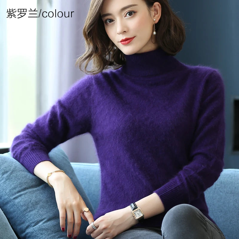 Autumn Winter 100% Mink Cashmere Sweater Women Knitwear Pullover Thick Warm Solid Color Plus Size Base  High Lapel Clothing Tops