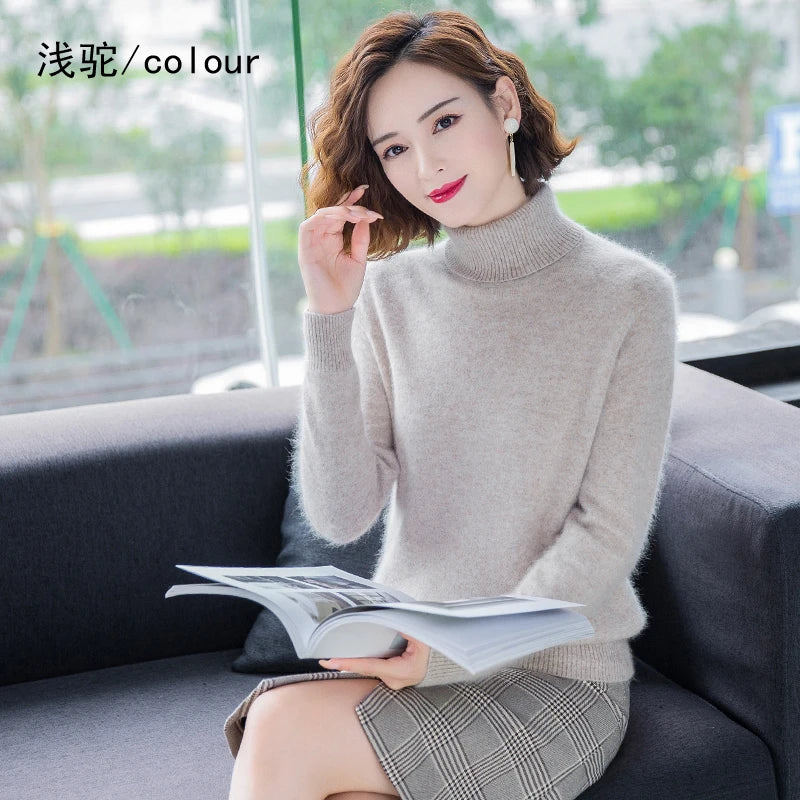 Autumn Winter 100% Mink Cashmere Sweater Women Knitwear Pullover Thick Warm Solid Color Plus Size Base  High Lapel Clothing Tops