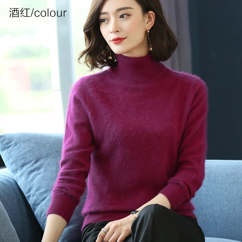 Autumn Winter 100% Mink Cashmere Sweater Women Knitwear Pullover Thick Warm Solid Color Plus Size Base  High Lapel Clothing Tops