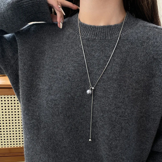 Long Adjustable Gray Pearl Pendant Sweater Chain Necklace for Women's Fashion Luxury Neckchain Jewelry