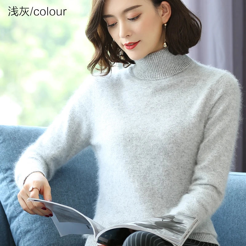 Autumn Winter 100% Mink Cashmere Sweater Women Knitwear Pullover Thick Warm Solid Color Plus Size Base  High Lapel Clothing Tops