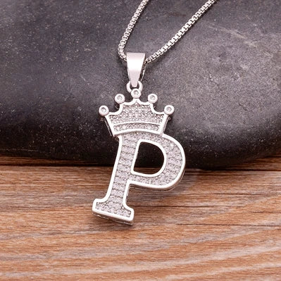 Fashion Luxury A-Z Crown Alphabet Pendant Chain Necklace Punk Style Lucky Initial Name Jewelry Best Party Wedding Birthday Gift