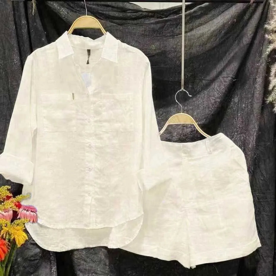 Fashion White Long Sleeve Shirt And Shorts Two Piece Sets Women 2023 Summer Cotton Linen Casual Home 2 Piece Set For Women