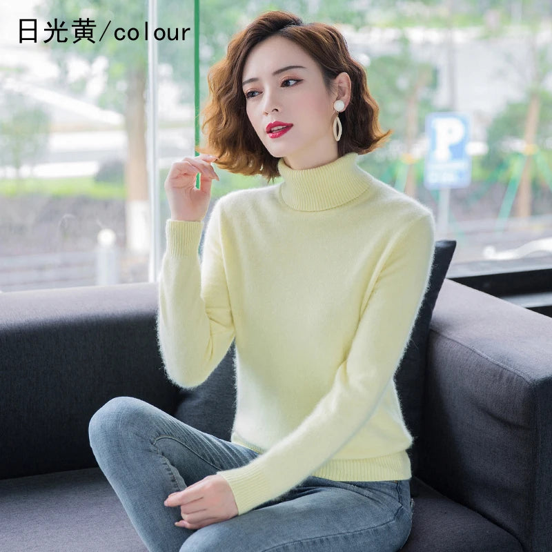 Autumn Winter 100% Mink Cashmere Sweater Women Knitwear Pullover Thick Warm Solid Color Plus Size Base  High Lapel Clothing Tops