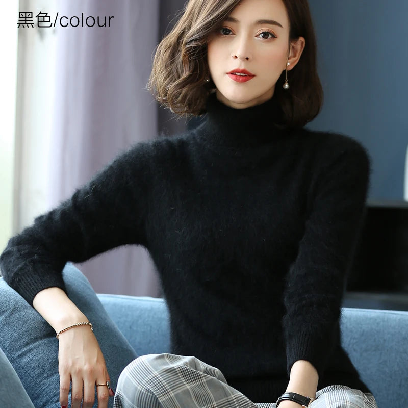 Autumn Winter 100% Mink Cashmere Sweater Women Knitwear Pullover Thick Warm Solid Color Plus Size Base  High Lapel Clothing Tops